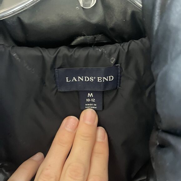 Lands' End Women M 10-12 Black Satin Down Puffer Jacket Knee Length Full Zip EUC - Picture 4 of 16